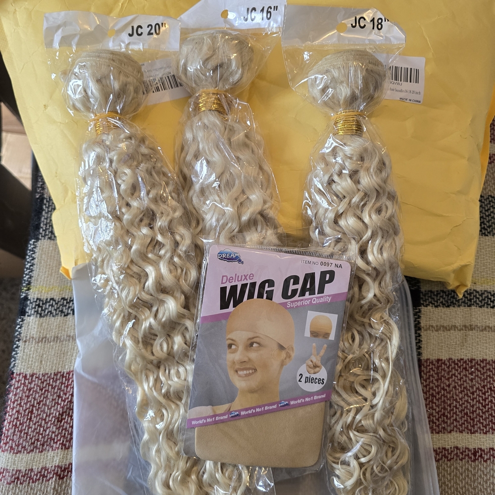 Blonde Set Of 3 Hair Extentions/Wigs, Different Lengths And Wig Caps